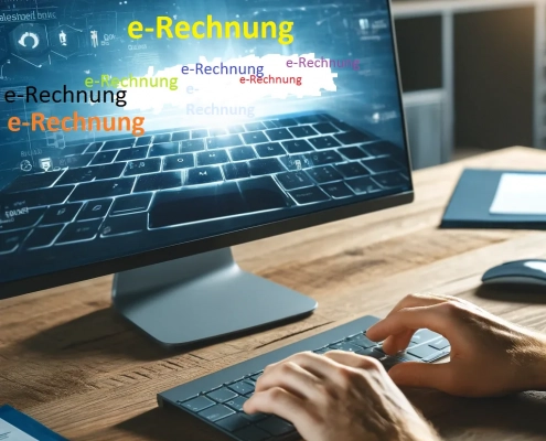 Ein Computerbildschirm auf dem mehrfach e-Rechnung steht. Dieser steht auf einem Holztisch, man sieht zwei Hände auf einer dunklen Tastatur davor tippen. Im Hintergrund liegt eine Mappe und eine Computermaus.