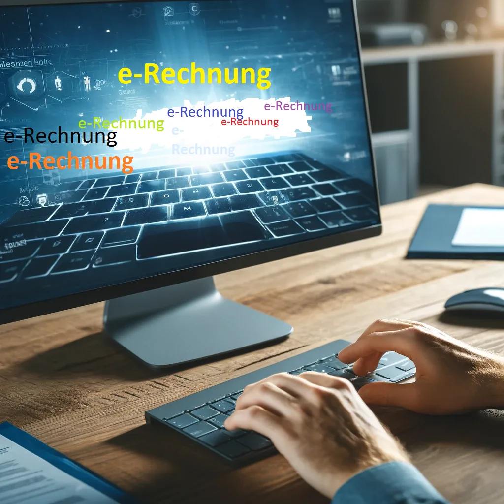 Ein Computerbildschirm auf dem mehrfach e-Rechnung steht. Dieser steht auf einem Holztisch, man sieht zwei Hände auf einer dunklen Tastatur davor tippen. Im Hintergrund liegt eine Mappe und eine Computermaus.