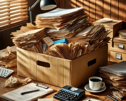 Ein überfüllter Holzschreibtisch in einem schwach beleuchteten Büro mit einer großen Pappbox, die mit Stapeln alter Akten und Papiere überquillt. Eine Vintage-Schreibmaschine, eine Tasse Kaffee, Stifte und verstreute Dokumente liegen ebenfalls auf dem Tisch. Sonnenlicht fällt durch Holzjalousien und wirft Schatten auf die Szene.