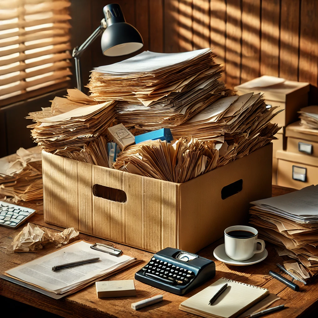 Ein überfüllter Holzschreibtisch in einem schwach beleuchteten Büro mit einer großen Pappbox, die mit Stapeln alter Akten und Papiere überquillt. Eine Vintage-Schreibmaschine, eine Tasse Kaffee, Stifte und verstreute Dokumente liegen ebenfalls auf dem Tisch. Sonnenlicht fällt durch Holzjalousien und wirft Schatten auf die Szene.